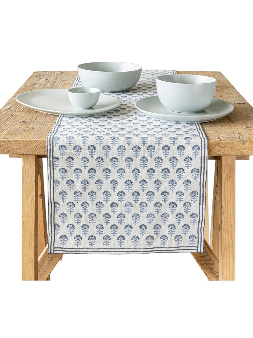 NWT Over & Back Block Print Hand Printed Table Runner Blue Flower 18” x 108”